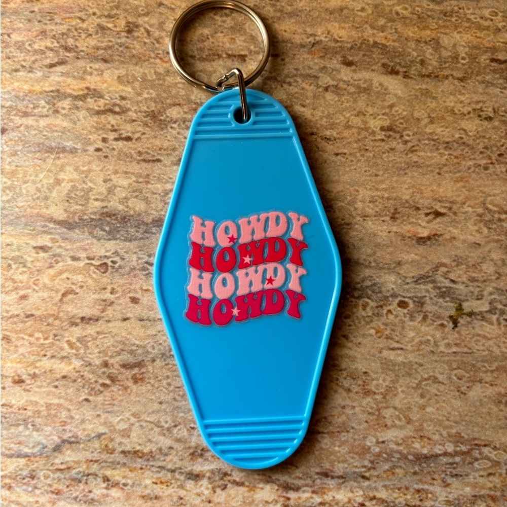 Blue Hotel Keychain with Howdy Design